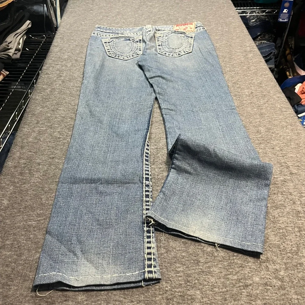 True Religion Johnny Super T Baggy Wide Leg Jeans Blue Mega Stitch 32x31 USA